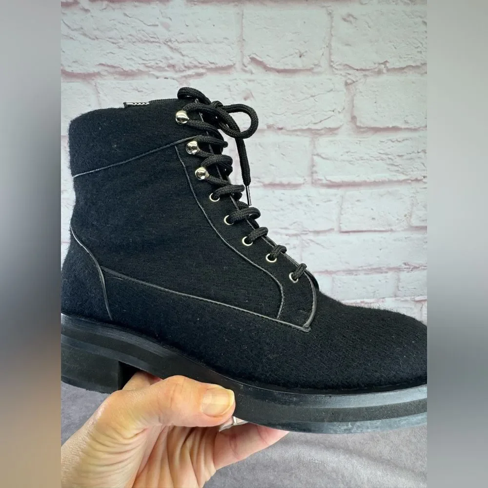 Chanel $1450 Wool Lace Up Black Biker Ankle Boots 9